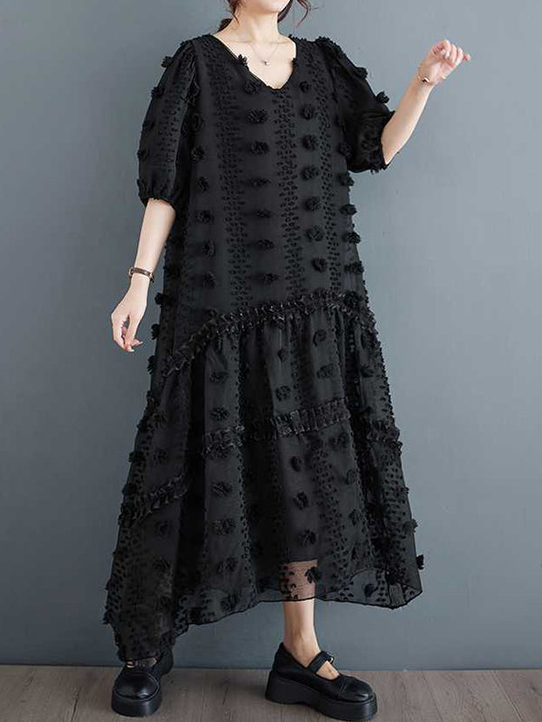 Elasticity Jacquard Solid Color Split-Joint A-Line Half Sleeves V-Neck Midi Dresses