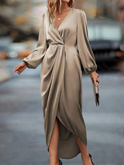 Pleated Solid Color Split-Joint Loose Puff Sleeves V-neck Midi Dresses