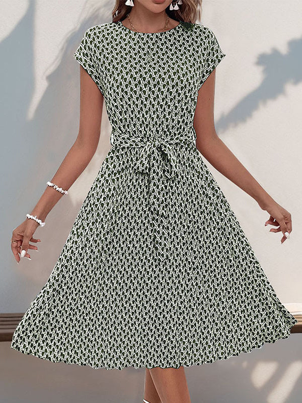 Printed Tied Waist Loose Raglan Sleeve Round-Neck Midi Dresses
