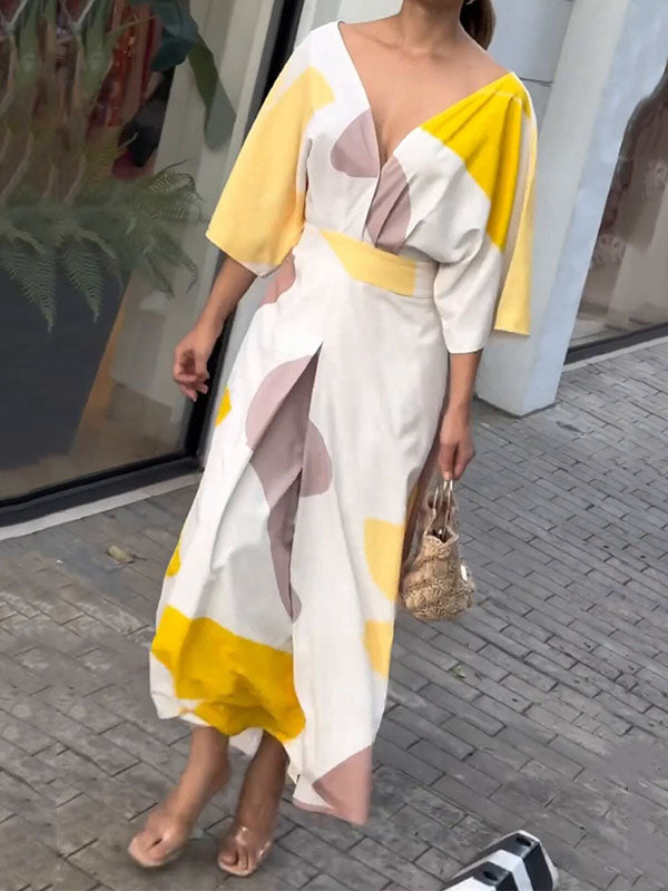 High-Waisted Printed Loose Raglan Sleeve Deep V-Neck Maxi Dresses