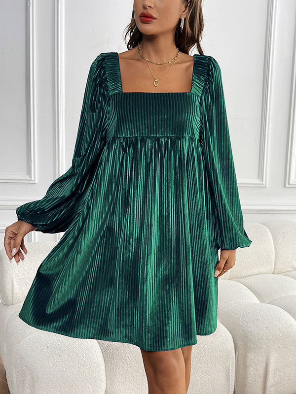 Pleated Shiny Solid Color Tied Velvet A-Line Long Sleeves Square-Neck Mini Dresses