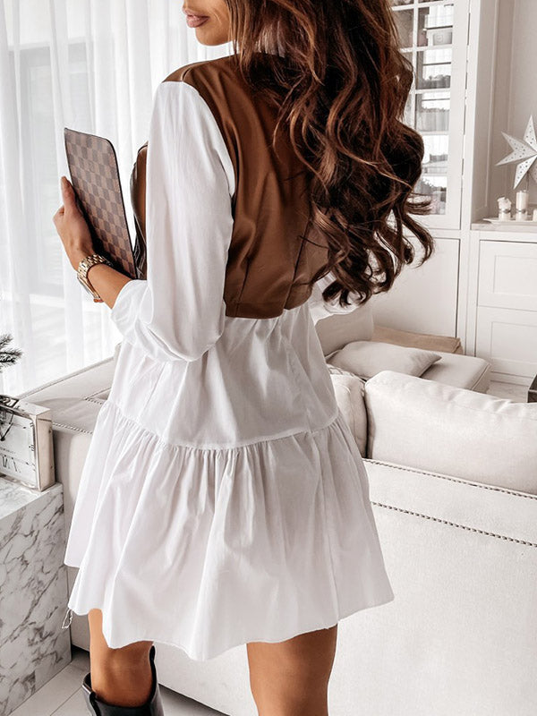Contrast Color Pleated Split-Joint Long Sleeves Loose Lapel Mini Dresses