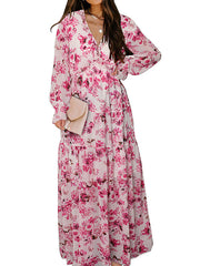 Flower Print Pleated Ruffled High Waisted Long Sleeves V-Neck Maxi Dresses