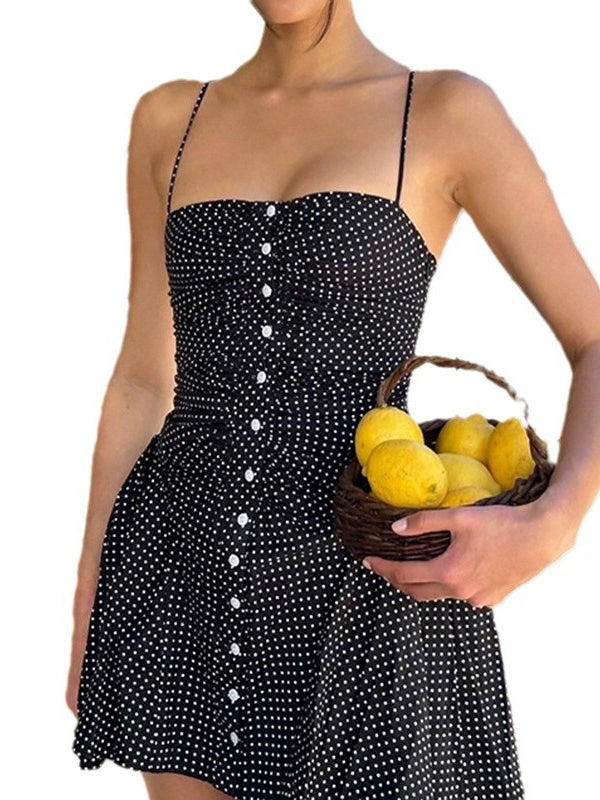 Pleated Polka Dot Spaghetti Strap Mini Dress In Black