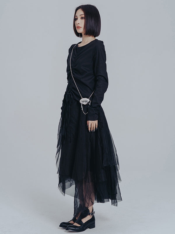 Urban Drawstring Long Sleeves Black Gauze Midi Dress