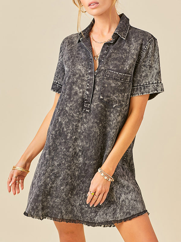 Fringed Pleated Pockets Split-Joint A-Line Loose Lapel Mini Dresses