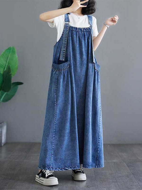 Pleated Pockets Split-Joint A-Line Loose Spaghetti-Neck Suspender Dress Maxi Dresses