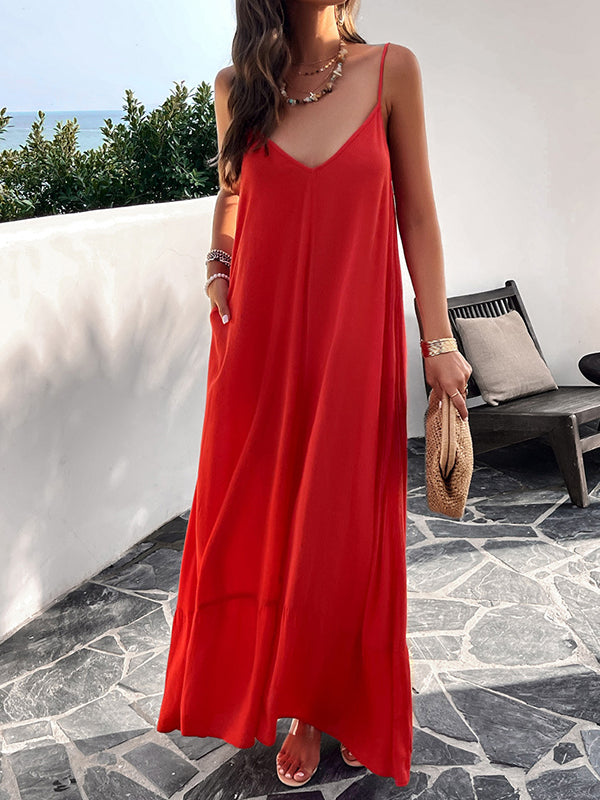 Pleated Solid Color Split-Joint Loose Sleeveless Spaghetti-Neck Maxi Dresses