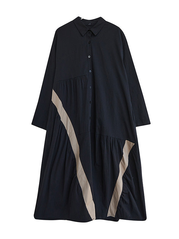 Artistic Retro Loose Long Sleeves Buttoned Contrast Color Striped Split-Joint Lapel Collar Midi Dresses
