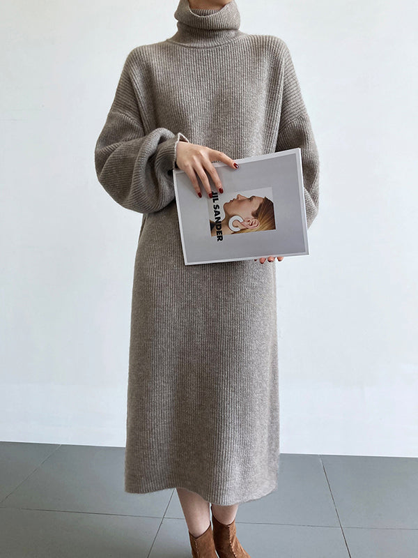 Urban Loose Puff Sleeves Solid Color High-Neck Sweater Dresses