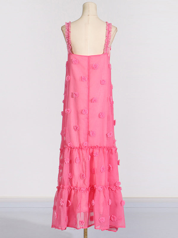 Layered Pleated Split-Joint Three-Dimensional Flower A-Line High Waisted Spaghetti-Neck Maxi Dresses