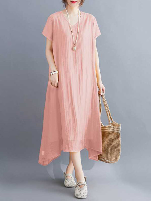 Solid Color A-Line Loose V-Neck Midi Dresses