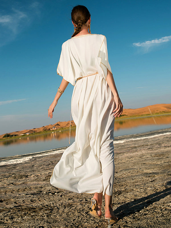 Vacation Loose Solid Color V-Neck Dress