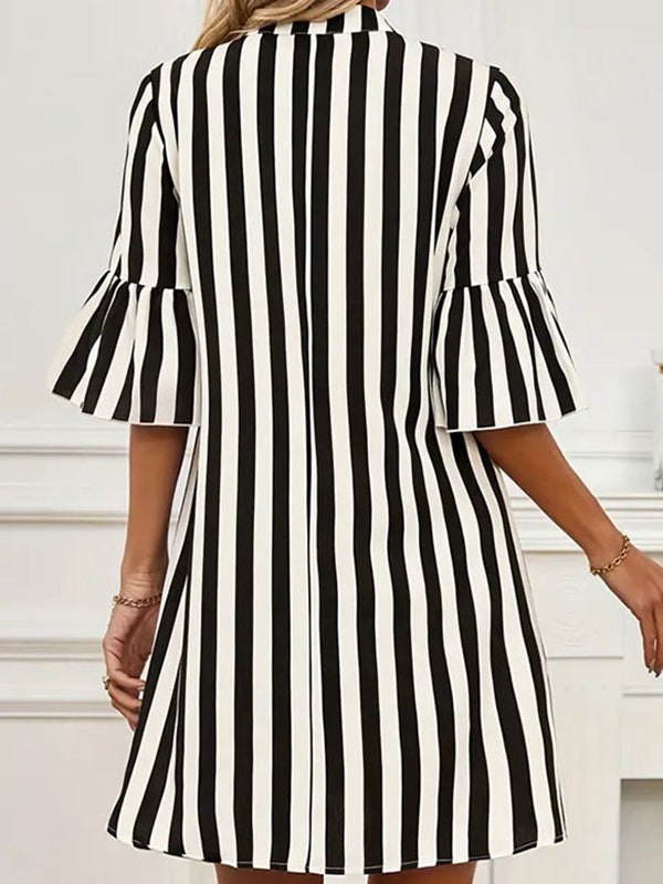 Contrast Color Pleated Split-Joint Striped A-Line Flared Sleeves V-Neck Mini Dresses