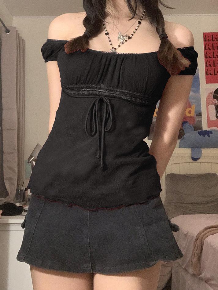 Vintage Tie Front Lace Trim Blouse