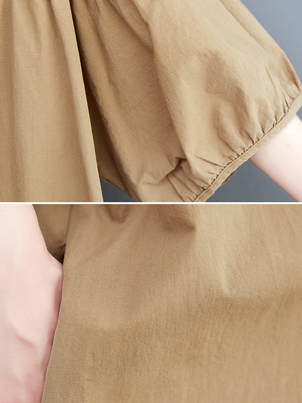 Solid Color Loose Short Sleeves Round-neck Midi Dresses