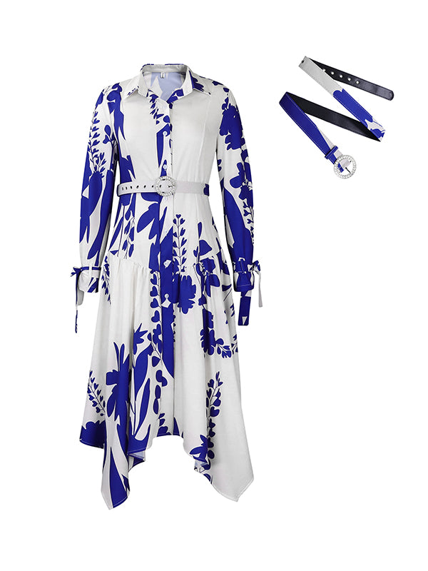 Lace-Up Pleated Printed Split-Joint Tied Waist Irregular clipping Long Sleeves Lapel Shirt Dress Maxi Dresses