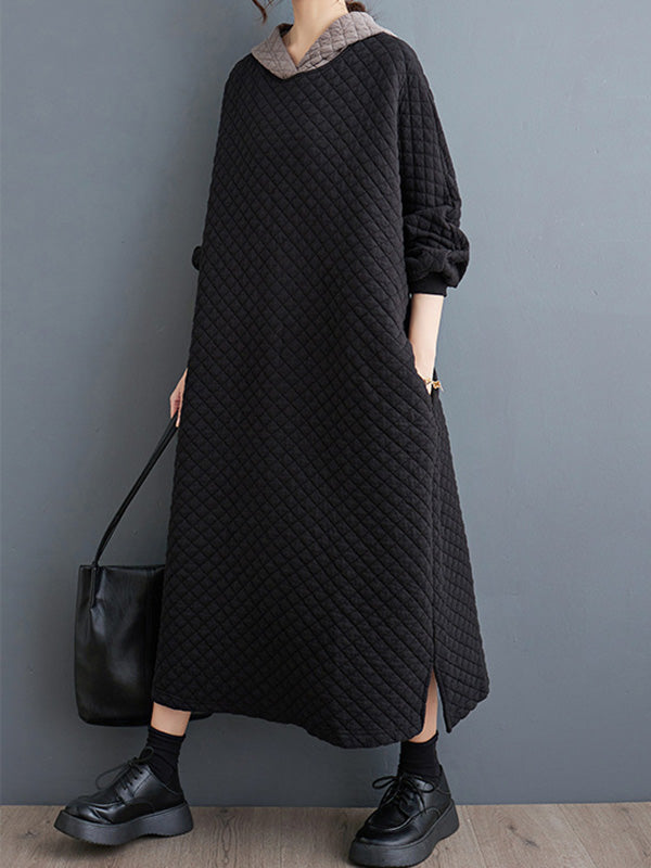 Hooded Quilted Split-Side A-Line Long Sleeves Midi Dresses