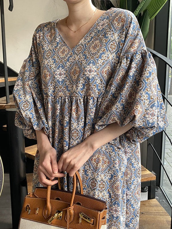 Vintage Floral Printed V-Neck Pleated Puff Sleeves Midi Dress