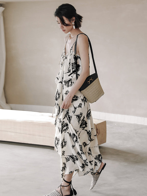 Vacation Loose H-Line Floral Printed V-Neck Dress