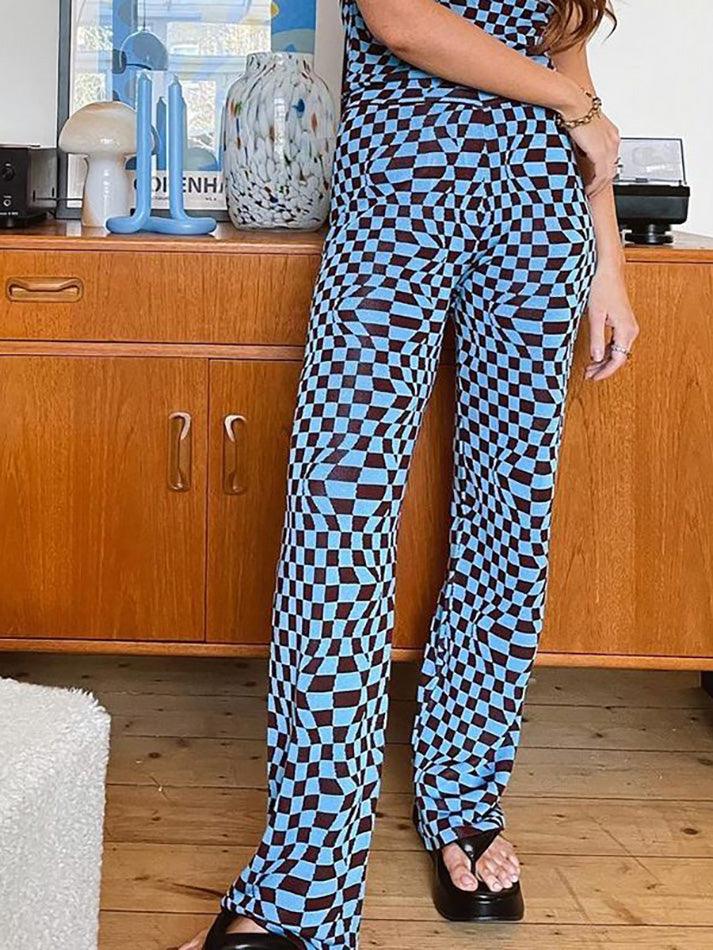 Psychedelic Checkerboard Print Wide-Leg Pants