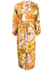 Flower Printed Three-Quarter Sleeves Elegant Midi Dresses
