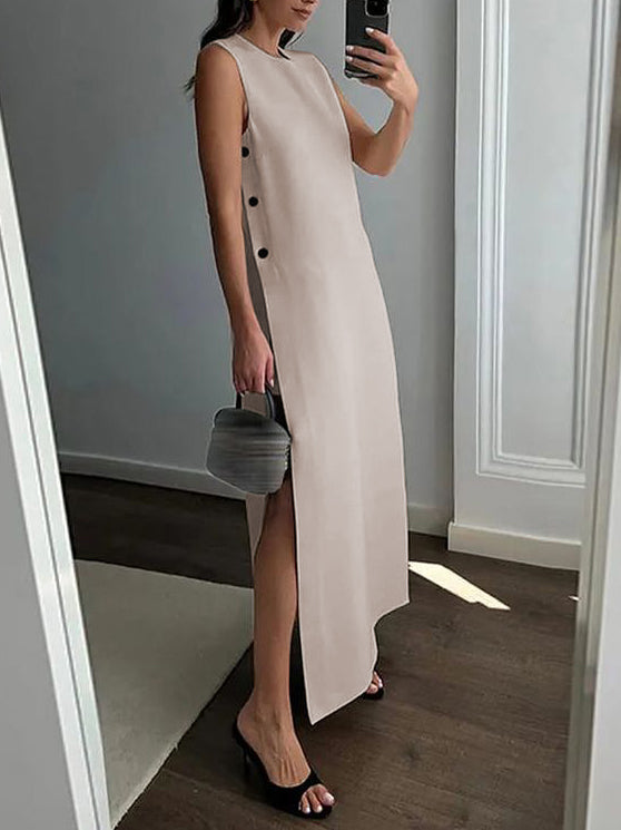 Solid Color Split-side Loose Sleeveless Round-neck Maxi Dresses