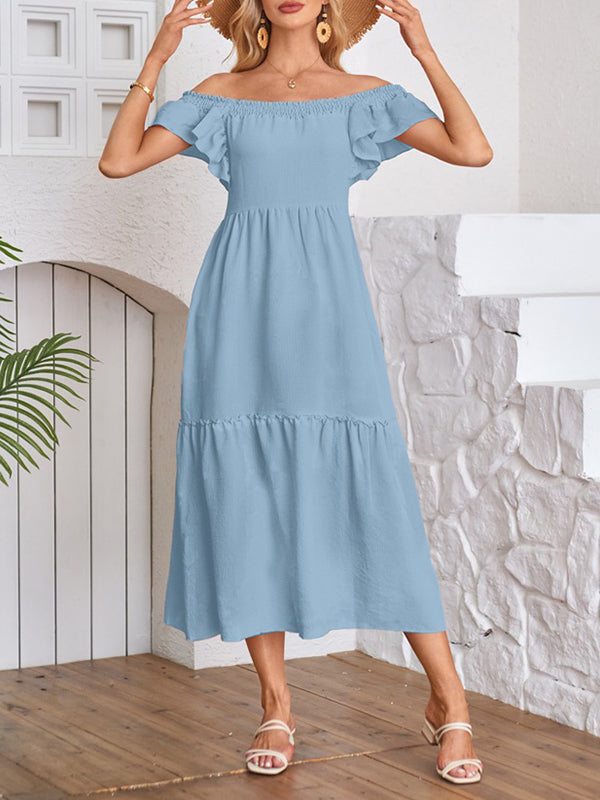 Elasticity Pleated Ruffled Solid Color Split-Joint A-Line Loose Off-The-Shoulder Midi Dresses