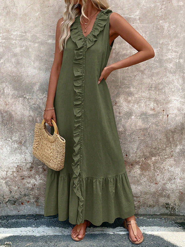 Pleated Ruffle Trim Solid Color A-Line Loose V-Neck Maxi Dresses