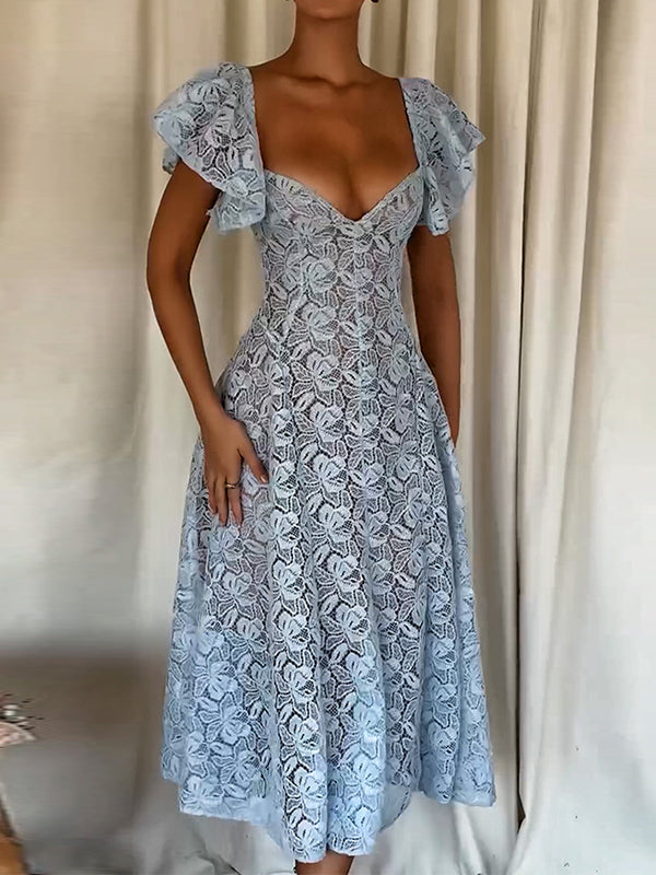 Flower Lace Ruffled Sleeves Elegant Maxi Dresses