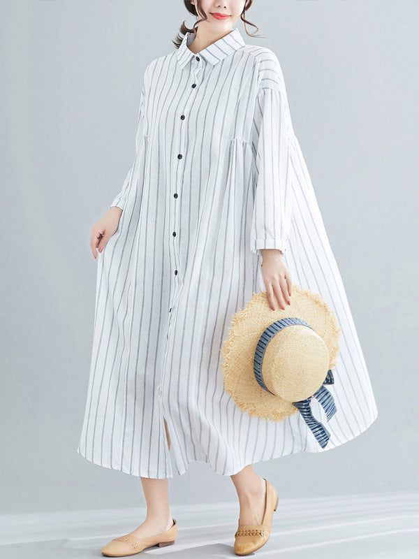 Simple Striped Buttoned Lapel Long Sleeves Shirt Dress