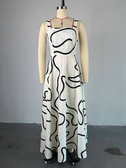 Pockets Printed Split-Joint A-Line High Waisted Spaghetti-Neck Maxi Dresses