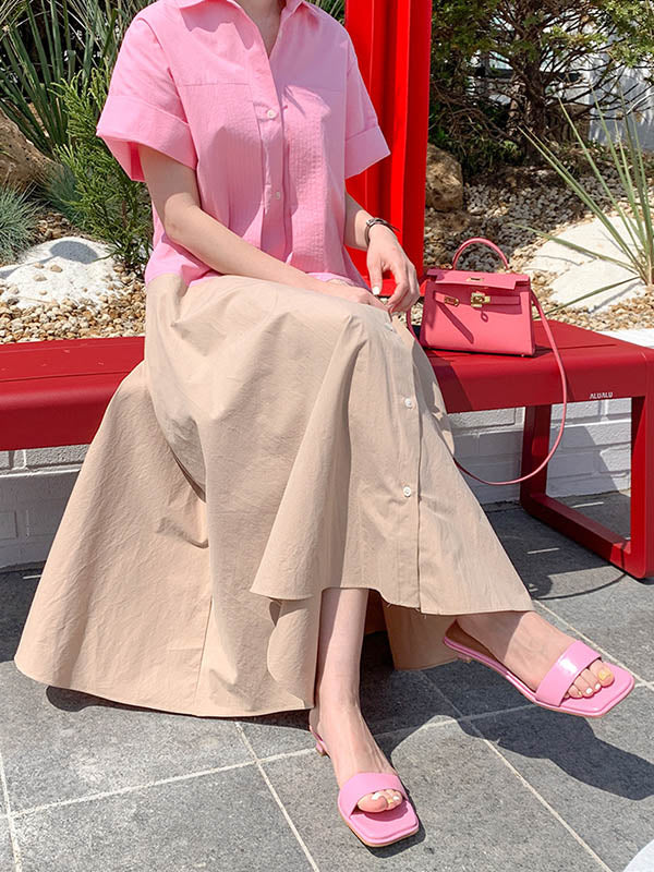 Fashion Split-Joint Lapel Buttoned Short Sleeves Midi Dress