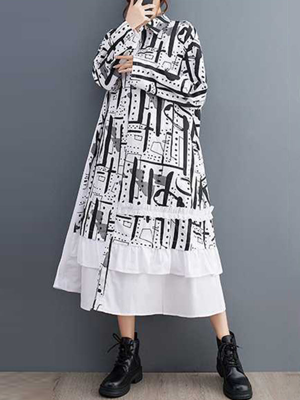Asymmetric Buttoned Printed Split-Joint A-Line Long Sleeves Lapel Midi Dresses