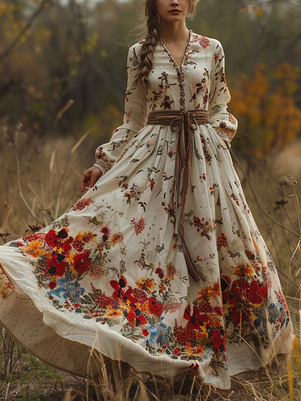 Vintage Floral Long Sleeves Ruffled Maxi Dresses