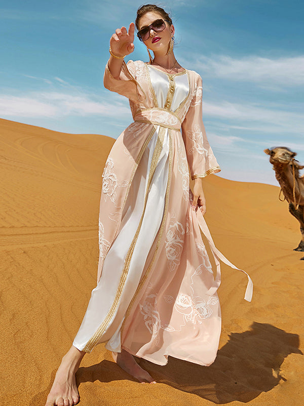 Vacation Loose Long Sleeves Embroidered Solid Color Round-Neck Dress