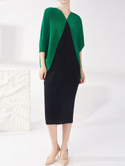 Contrast Color Pleated Batwing Sleeves Loose Round-neck Midi Dresses