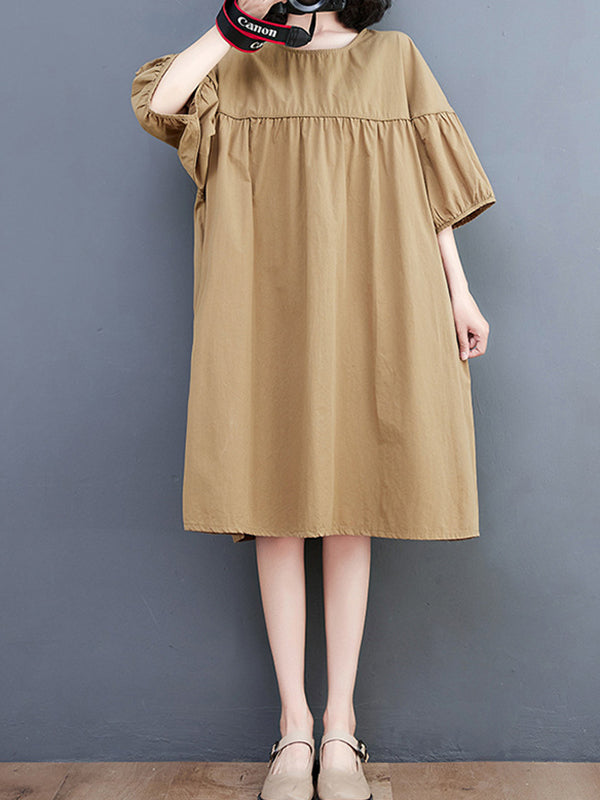 Solid Color Loose Short Sleeves Round-neck Midi Dresses