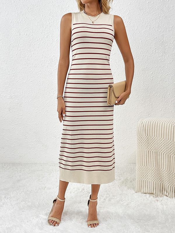 Striped Loose Sleeveless Round-Neck Midi Dresses Knit Dresses