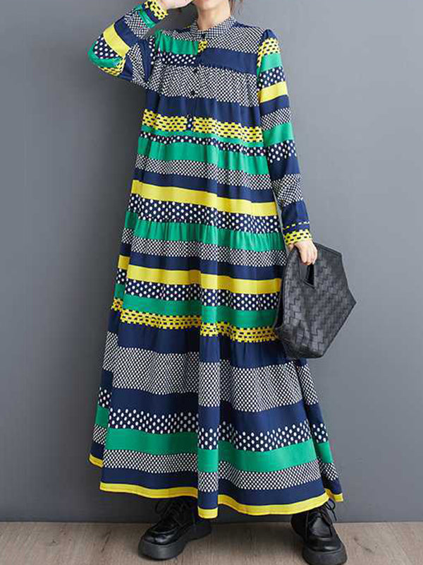 Buttoned Polka-Dot Split-Joint A-Line Long Sleeves Round-Neck Midi Dresses