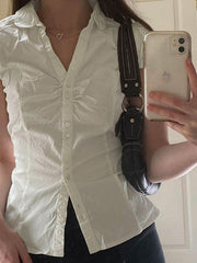 Short Sleeve V-Neck Plain Ruched Shirt