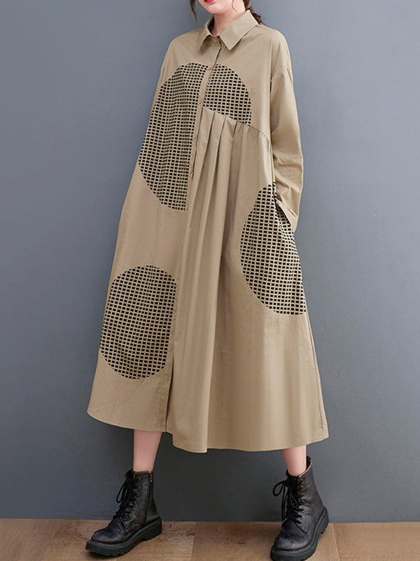 Vintage Loose Long Sleeves Buttoned Printed Polka-Dot Lapel Collar Midi Dresses