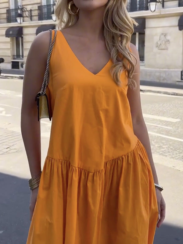 Pleated Solid Color Split-Joint A-Line Sleeveless V-Neck Maxi Dresses
