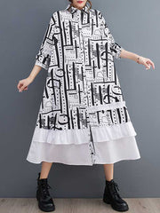 Asymmetric Buttoned Printed Split-Joint A-Line Long Sleeves Lapel Midi Dresses