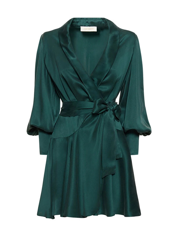 Solid Color Ruffled Long Sleeves Satin Elegant Mini Dresses
