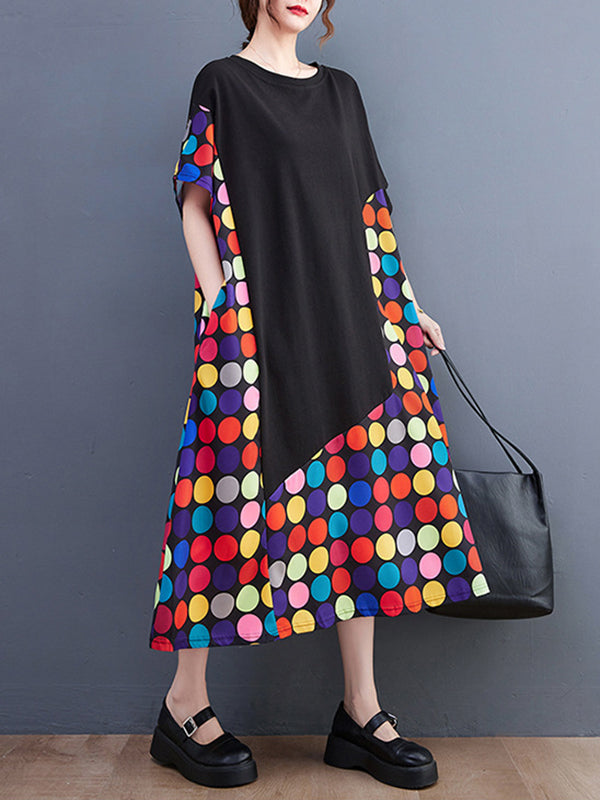Multi-Colored Polka-Dot Split-Joint Loose Short Sleeves Round-Neck Midi Dresses