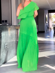Asymmetric Plain Pleated Loose One-Shoulder Maxi Dresses