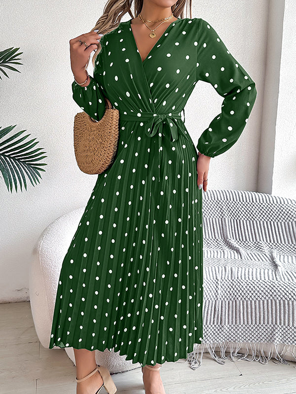 Elasticity Pleated Polka-Dot Split-Joint Tied Waist A-Line High Waisted V-Neck Shirt Dress Midi Dresses