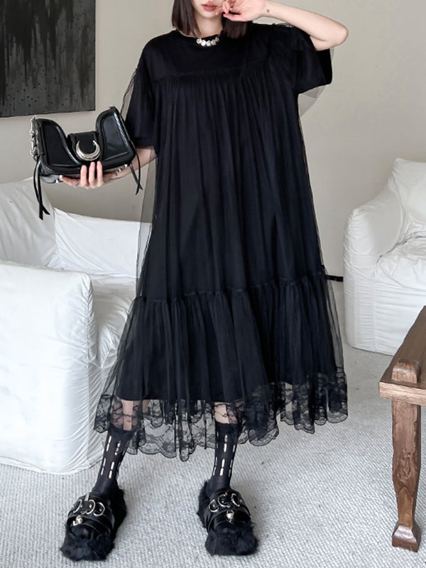 Gauze Pleated Solid Color Split-Joint Tiered Fake Two-Piece Loose Round-Neck Midi Dresses