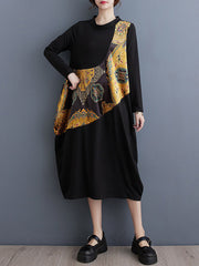 Asymmetric Printed Split-Joint Long Sleeves Loose Round-Neck Midi Dresses